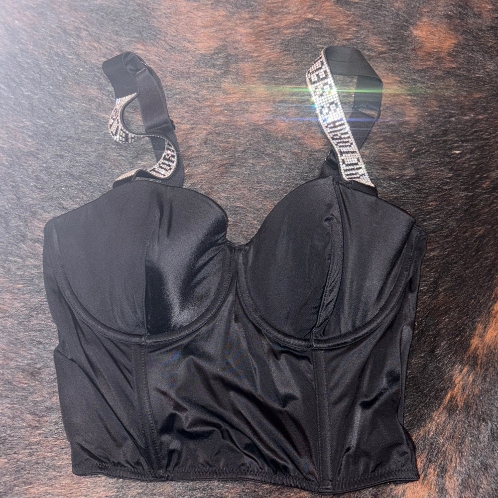 Black Satin Bustier with Rhinestone Straps